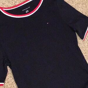 Tommy Hilfiger Women's Short Sleeve Navy Tee with Red and White Accents